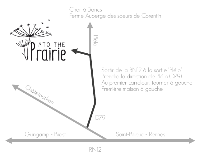 plan d'accès aux gîtes Into the Prairie à Plélo, Bretagne